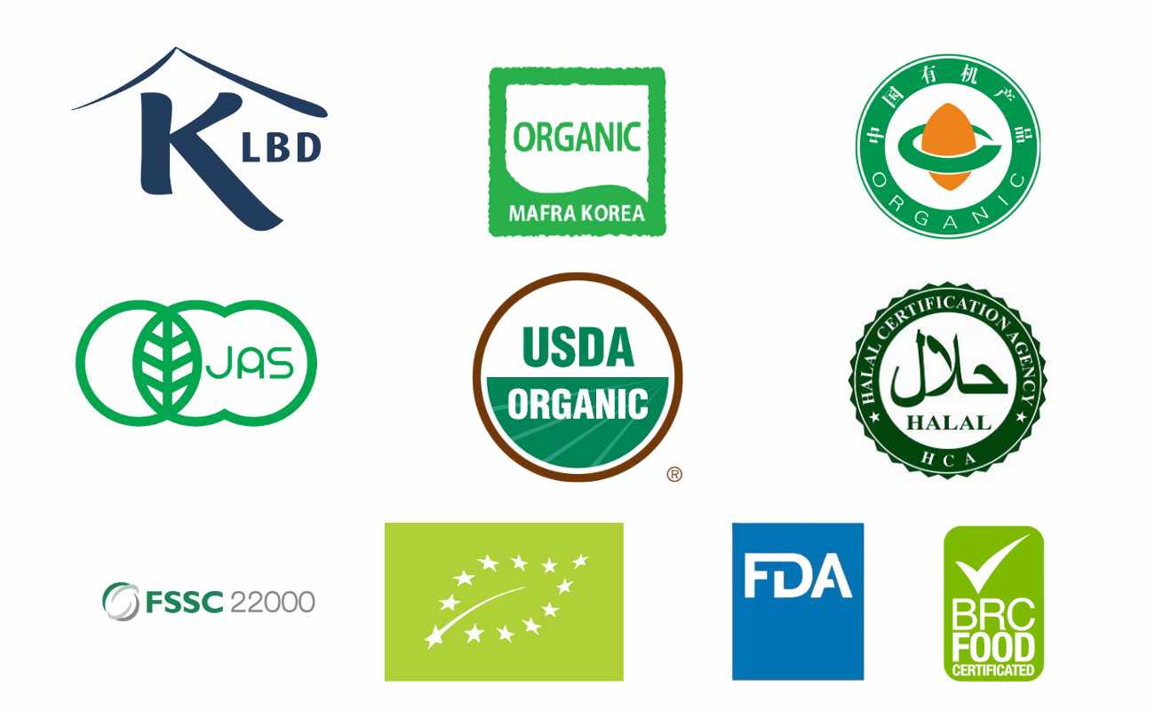 cocoxim certificeringer: KLBD (Kosher), Halal, JAS (Japanese Agricultural Standard), Organic Certifications (USDA Organic, European Organic, Chinese Organic, Organic MAFRA Korea), FDA, FSSC 22000 og BRC Food